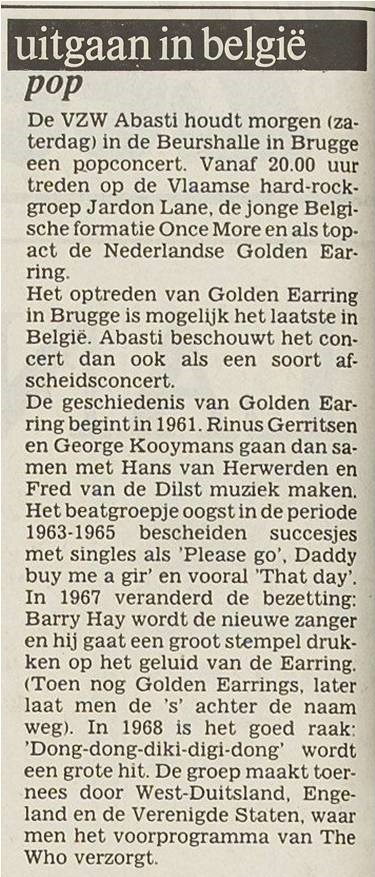 Golden Earring show ad (Zeeuwse krant) October 18 1980 Brugge (Belgium) - Beurshalle